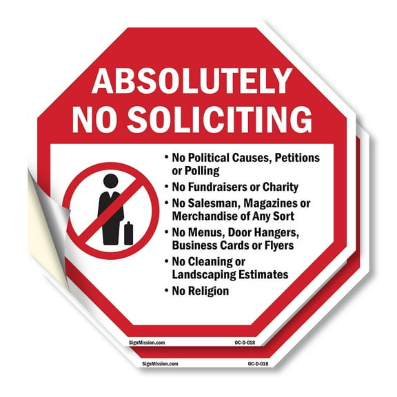 Absolutely No Soliciting  No Political Causes, Petitions or Polling (2 Pack) 10 inch X 10 inch Octagon Vinyl Label Decal Sticker Weather Resistant, UV Protected for Workplace, Made in