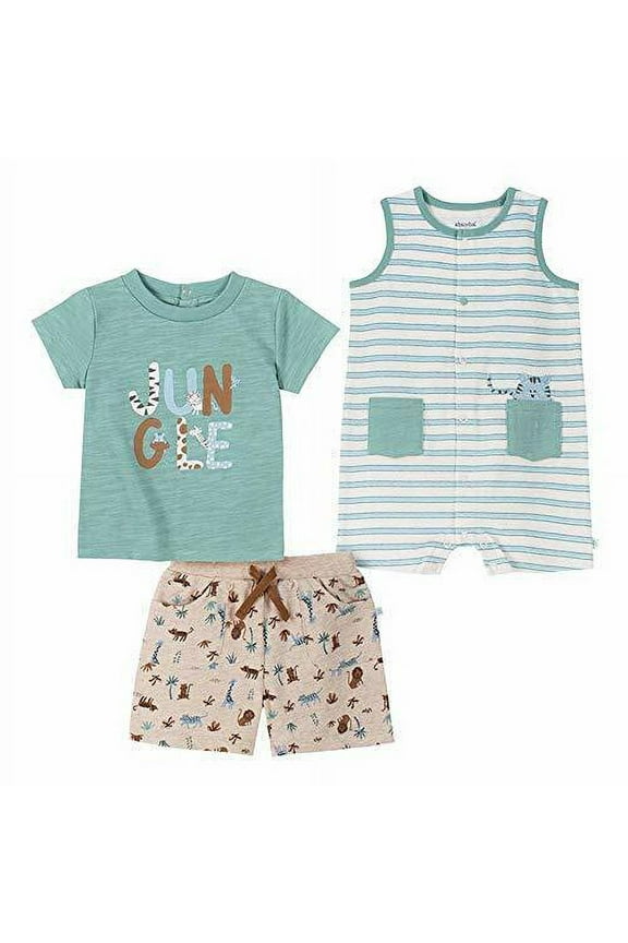 Baby Boys' 3 Piece Sleeveless Romper Shirt Short Set (Jungle, 3m)