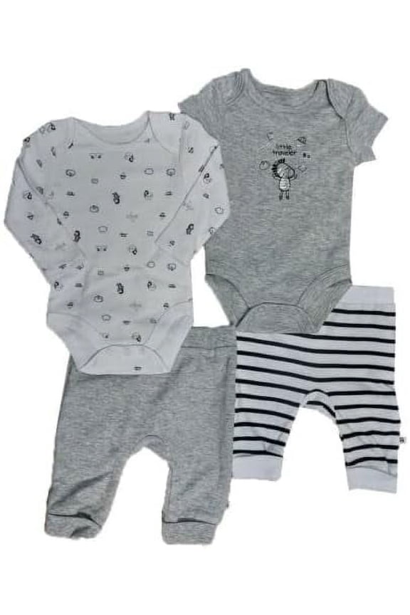 Baby Boys' 4 Piece Set 2 Bodysuits & 2 Pants (Grey Zebra, 6m)