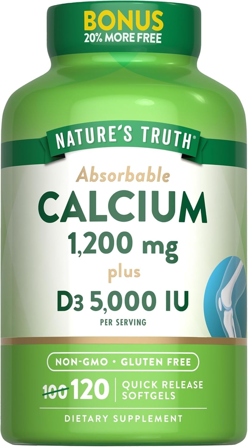 Absorbable Calcium 1200 mg with Vitamin D3 5000 IU  | 120 Softgels | Calcium Carbonate Supplement | Nature's Truth