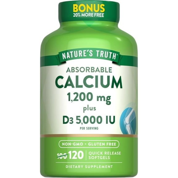 Absorbable Calcium 1200mg | with Vitamin D3 5000 IU | 120 Softgels | Calcium Carbonate | Nature's Truth