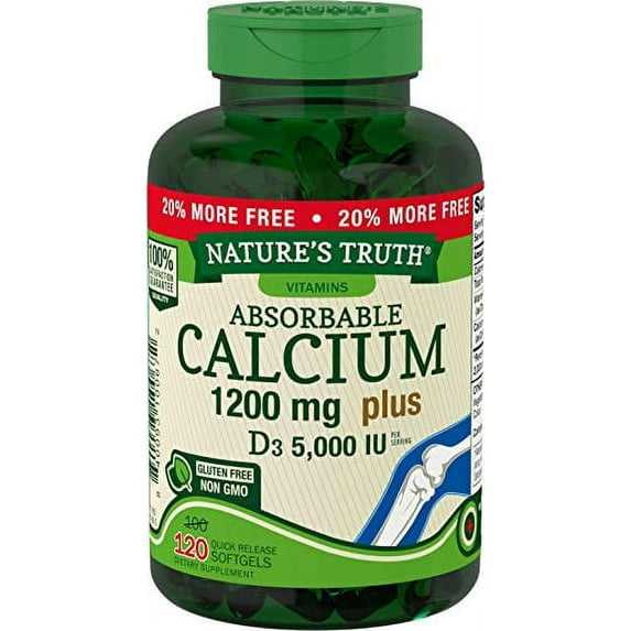 Absorbable Calcium 1200 mg with Vitamin D3 5000 IU | 120 Softgels | Calcium Carbonate Supplement | Non-GMO Gluten Free | Nature's Truth
