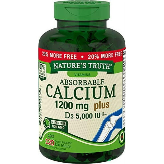 Absorbable Calcium 1200 mg with Vitamin D3 5000 IU | 120 Softgels | Calcium Carbonate Supplement | Non-GMO Gluten Free | Nature's Truth