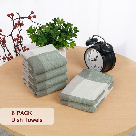 Absorbent 6 Piece Kitchen Tea Towel Set – Includes 6 Dishcloth. 100% Cotton. Plaid Pattern Style. Green