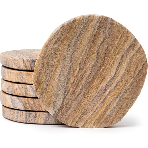Absorbent Coasters Set of 6 - Water Absorbing Sandstone Coasters for Drinks - Perfect for Coffee Table, Office Desk, Outdoor, Bedroom Nightstand - 4" Round - Unique Irregular Edge Design