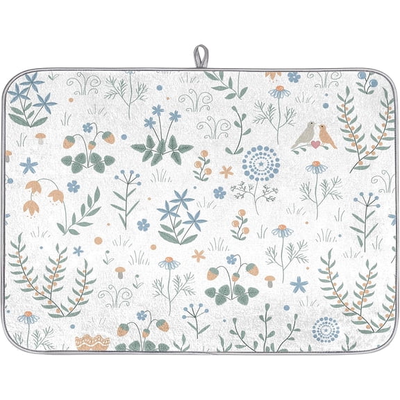 Absorbent Dish Drying Mat 16" x 18" Spring Summer Flower Dish Drainer Protector Pad Drainer Mat for Kitchen Countertops, Leaves Branches