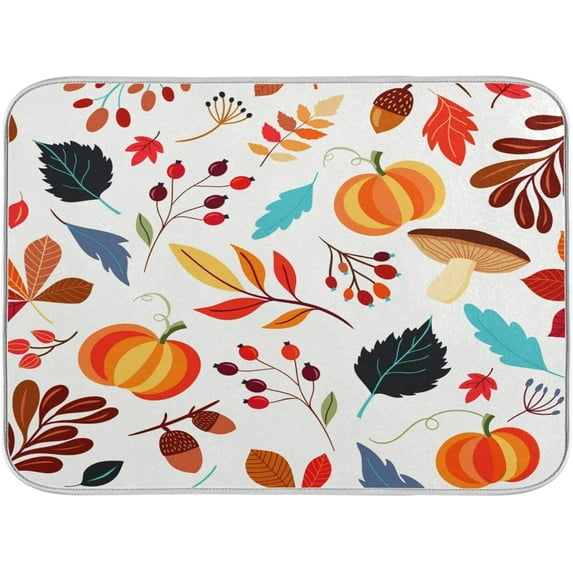 Absorbent Dish Drying Mat Autumn Pumpkins Fall Leaves Thanksgiving Day Kitchen Counter Mat Protector,Reversible,Medium 18 x 16 Inches