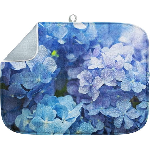 Absorbent Dish Drying Mat, Blue Purple Hydrangea Flower Microfiber Pad for Kitchen Counter, Coffee Bar Decor, Heat Resistant and Reversible, 16" x 18"
