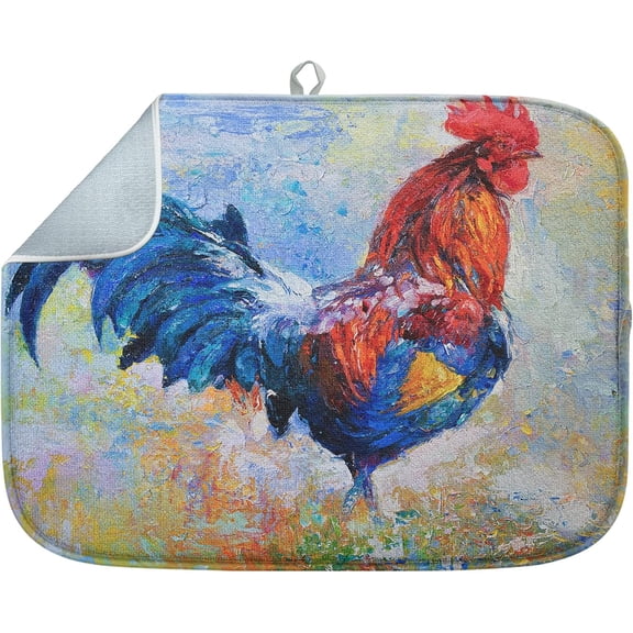Absorbent Dish Drying Mat, Colorful Chicken Flower Oil Rooster Microfiber Pad for Kitchen Counter, Coffee Bar Decor, Heat Resistant and Reversible, 16" x 18"