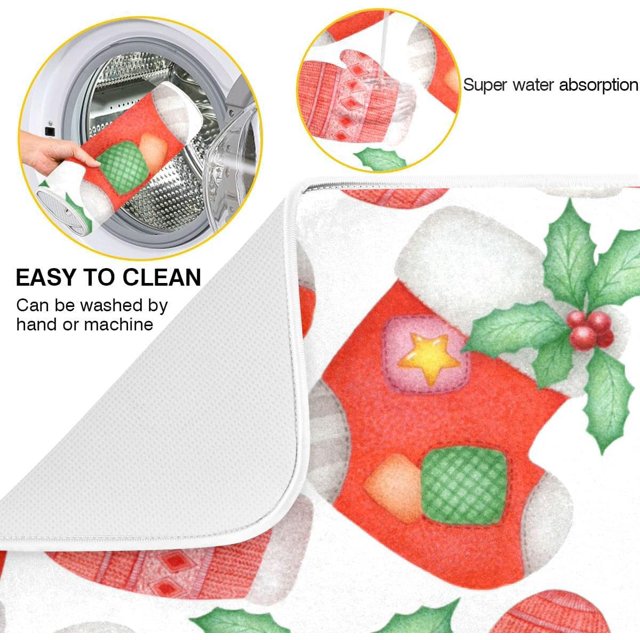 Absorbent Dish Drying Mat For Kitchen Counter Red Christmas Stocking