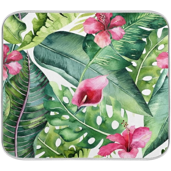 Absorbent Dish Drying Mat Hawaii Tropical Palm Leaves And Hibiscus Dishes Drainer Protector Pad Trivet Mat Pot Holder with Hanging Loop for Kitchen Countertops Sinks Refrigerator 16 x 18 Inch