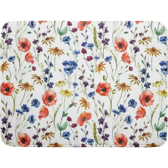 Absorbent Dish Drying Mat for Kitchen Counter 18 x 24 inch - Red and Blue Poppy Flowers Microfiber Drying Pad, Quick Drying Reversible Drainer Mats for Countertop