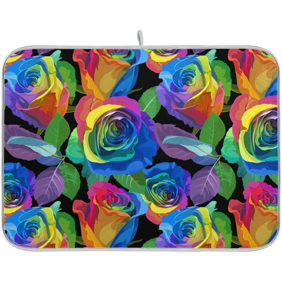 Absorbent Dish Drying Mat for Kitchen Counter - Colorful Rose Vintage Microfiber Drying Pad, Reversible Drainer Mats for Countertop, Small 16 x 18 inch