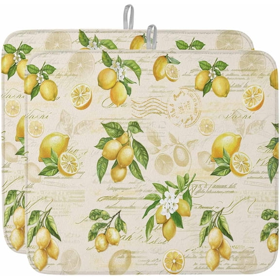Absorbent Dish Drying Mat for Kitchen Counter Farm Lemon Flower Microfiber Dish Drying Pad, Country Floral on Retro Letter Dish Drainer Mat Rack for Utensils/Countertops/Sinks, 16x18in, 2Pack