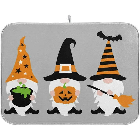 Absorbent Dish Drying Mat for Kitchen Counter -Halloween Gnomes With Pumpkin Microfiber Drying Pad, Reversible Drainer Mats for Countertop, Small 16 x 18 inch, Large 18 x 24 inch