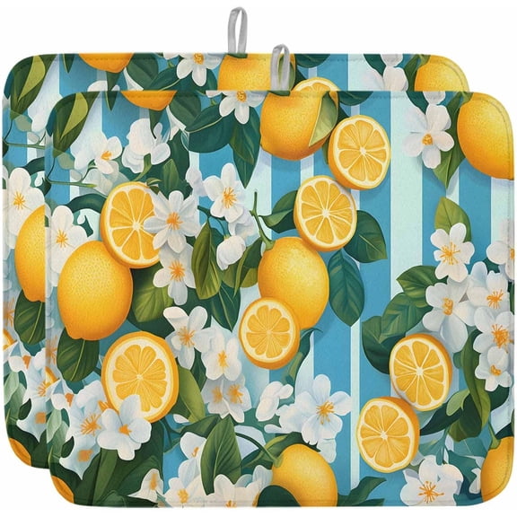 Absorbent Dish Drying Mat for Kitchen Counter Summer Lemon Flowers Microfiber Dish Drying Pad, Retro Green Blue Stripes Dish Drainer Mat Rack for Utensils/Countertops/Sinks, 18x24in, 2Pack