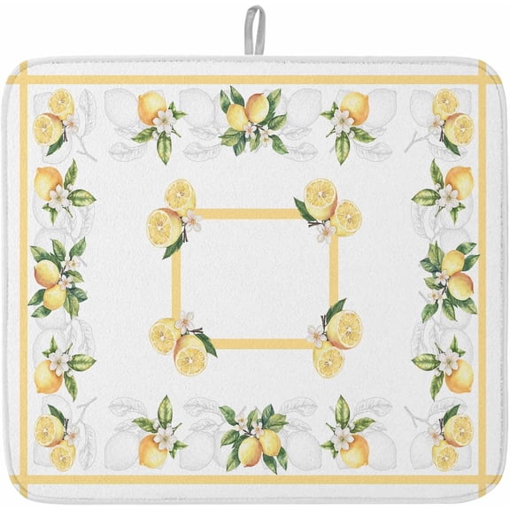 Absorbent Dish Drying Mat for Kitchen Counter Watercolor Summer Lemon Flower Microfiber Dish Drying Pad, Retro Yellow Line Border Dish Drainer Mat Rack for Utensils/Countertops/Sinks, 16x18in, 1Pack