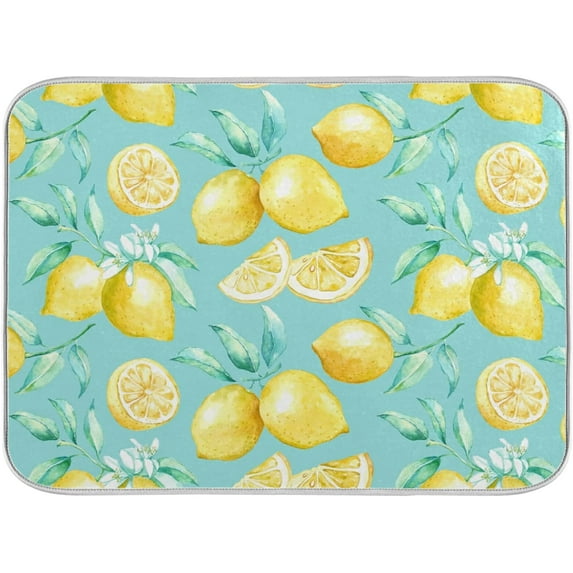 Absorbent Dish Drying Mat for Kitchen Counter - Yellow lemon teal background Microfiber Drying Pad, Reversible Drainer Mats for Countertop, Medium 16 x 18 inch