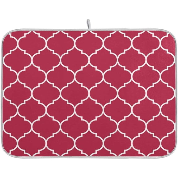 Absorbent Dish Drying Mat Microfiber - Moroccan Tile Viva Magenta Red Counter Protector for Kitchen Counter 18 x 24 Inch
