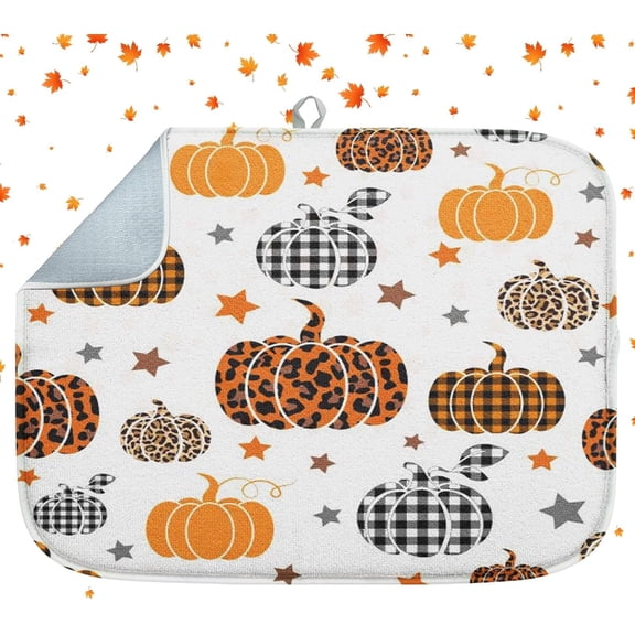 Absorbent Dish Drying Mat, Pumpkin Leopard Microfiber Pad for Kitchen Counter, Autumn Fall Plaid for Coffee Bar Decor, Heat Resistant and Reversible, 16" x 18"