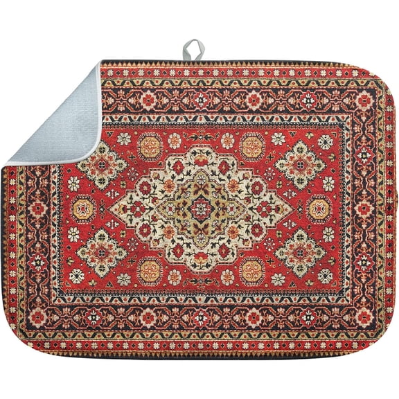 Absorbent Dish Drying Mat, Royal Red Moroccan Microfiber Pad for Kitchen Counter, Coffee Bar Decor, Heat Resistant and Reversible, 16" x 18"