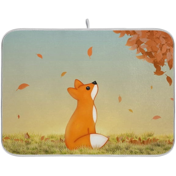 Absorbent Dish Drying Mat for Kitchen Counter - Cute Fox Microfiber Drying Pad, Reversible Drainer Mats for Countertop, Lager 18 x 24 inch