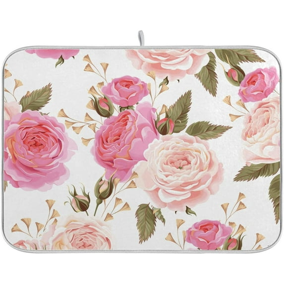 Absorbent Dish Drying Mat for Kitchen Counter - Floral Rose Pink Microfiber Drying Pad, Reversible Drainer Mats for Countertop, Small 16 x 18 inch