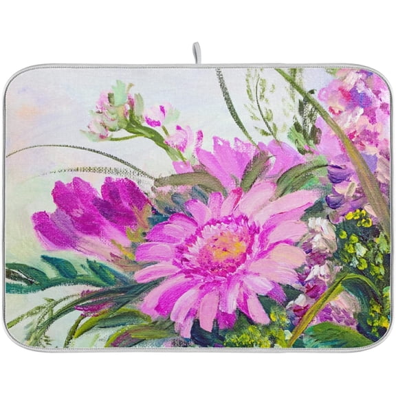Absorbent Dish Drying Mat for Kitchen Counter - Oil Painting Flowers Microfiber Drying Pad, Reversible Drainer Mats for Countertop, Small 16" x 18"