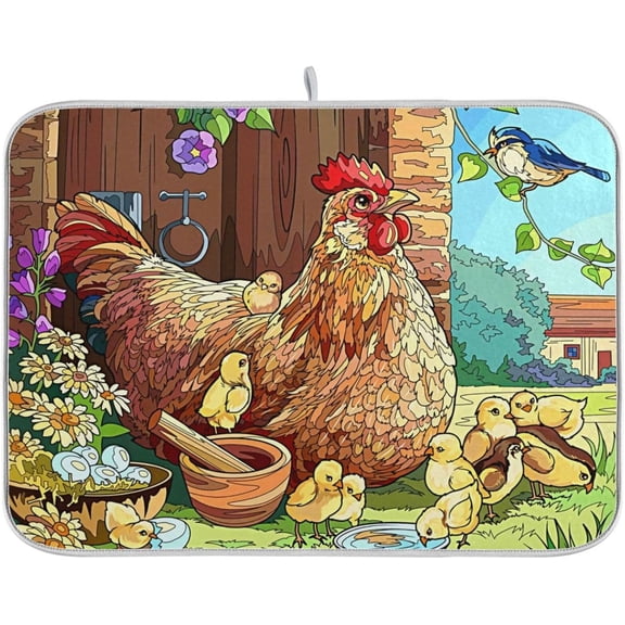 Absorbent Dish Drying Mat for Kitchen Counter - Rooster Birdie Chick Microfiber Drying Pad, Reversible Drainer Mats for Countertop, Small 16" x 18"