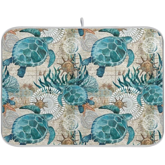 Absorbent Dish Drying Mat for Kitchen Counter - Sea Ocean Turtle Blue Microfiber Drying Pad, Reversible Drainer Mats for Countertop, Large 18" x 24"