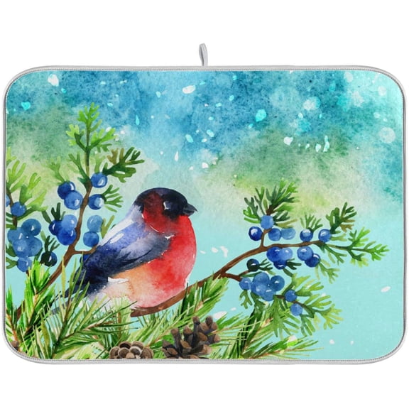 Absorbent Dish Drying Mat for Kitchen Counter - Winter Snow Blue Bird Microfiber Drying Pad, Reversible Drainer Mats for Countertop, Large 18" x 24"