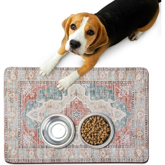 Absorbent Dog Bowl Mat, 12"x19" Boho Dog Food Mat, Cat Food Mat for Protect Floors, Waterproof Cute Pet Food Mat with Non-Slip Rubber, Pet Feeding Mat