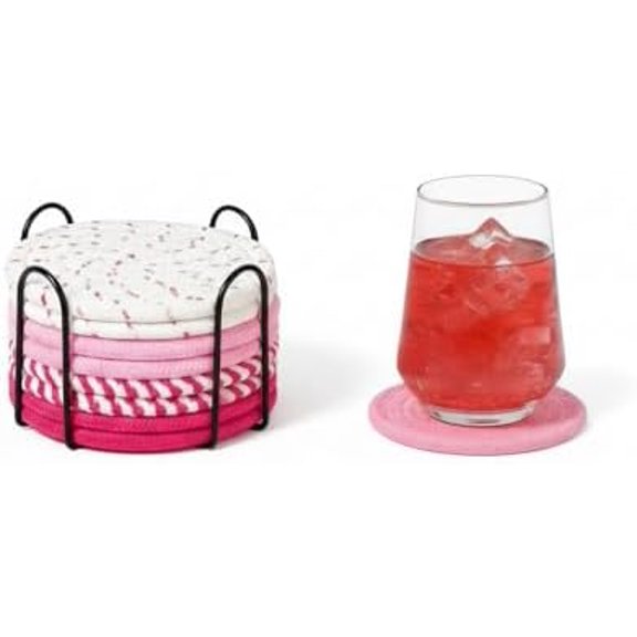 Absorbent Drink Coaster Set with Holder, Fabric Coasters for Coffee Table, Non Slip Reusable Cup Mats for Hot & Cold Drinks (Pink)