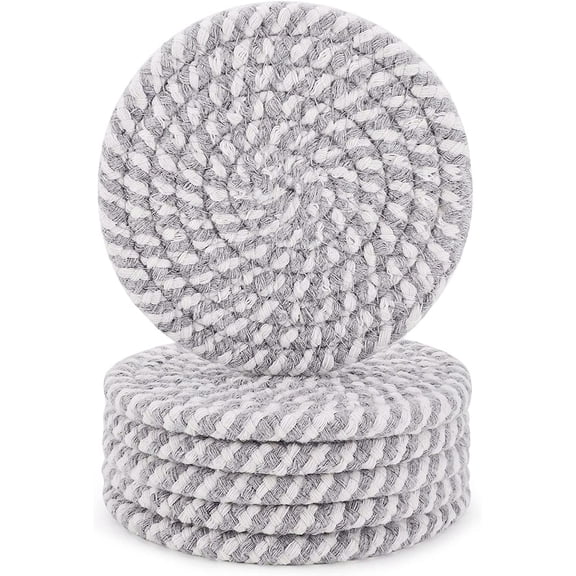 Absorbent Drink Coasters Handmade Braided Drink Coasters 6 Pack (4.3 Inch, Round, 8mm Thick) Super Absorbent Heat-Resistant Coasters for Drinks Great Housewarming Gift (Mixed-Gray)