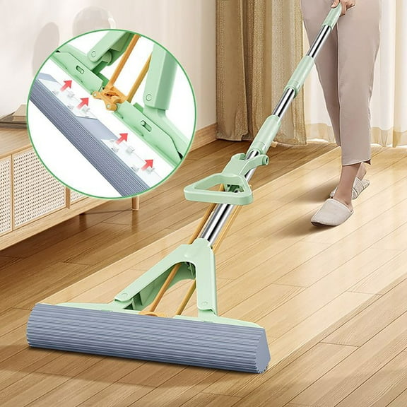 Absorbent Folding Sponge Mop with Built-in Brush | Hand Squeeze Lever | For Tile, Wood, Laminate Floors | Stainless Steel Handle | Includes 2 PVA Heads | 136x28cm | Green or Blue