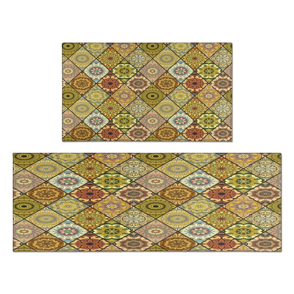 Absorbent Kitchen Mats Colorful Boho Floral Kitchen Rugs - Anti-Fatigue Non-Slip Floor Mats, 17x30 & 17x47 inch