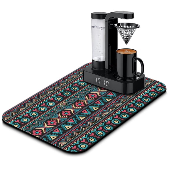 Absorbent Mat with Aesthetic Design - Quick Drying, Stain-Hiding, Reusable, Leak-Proof Diatom Drying Pad for Coffee Bar, Kitchen Mat Under Coffee Maker - Boho Chic, Artistic Home Accent