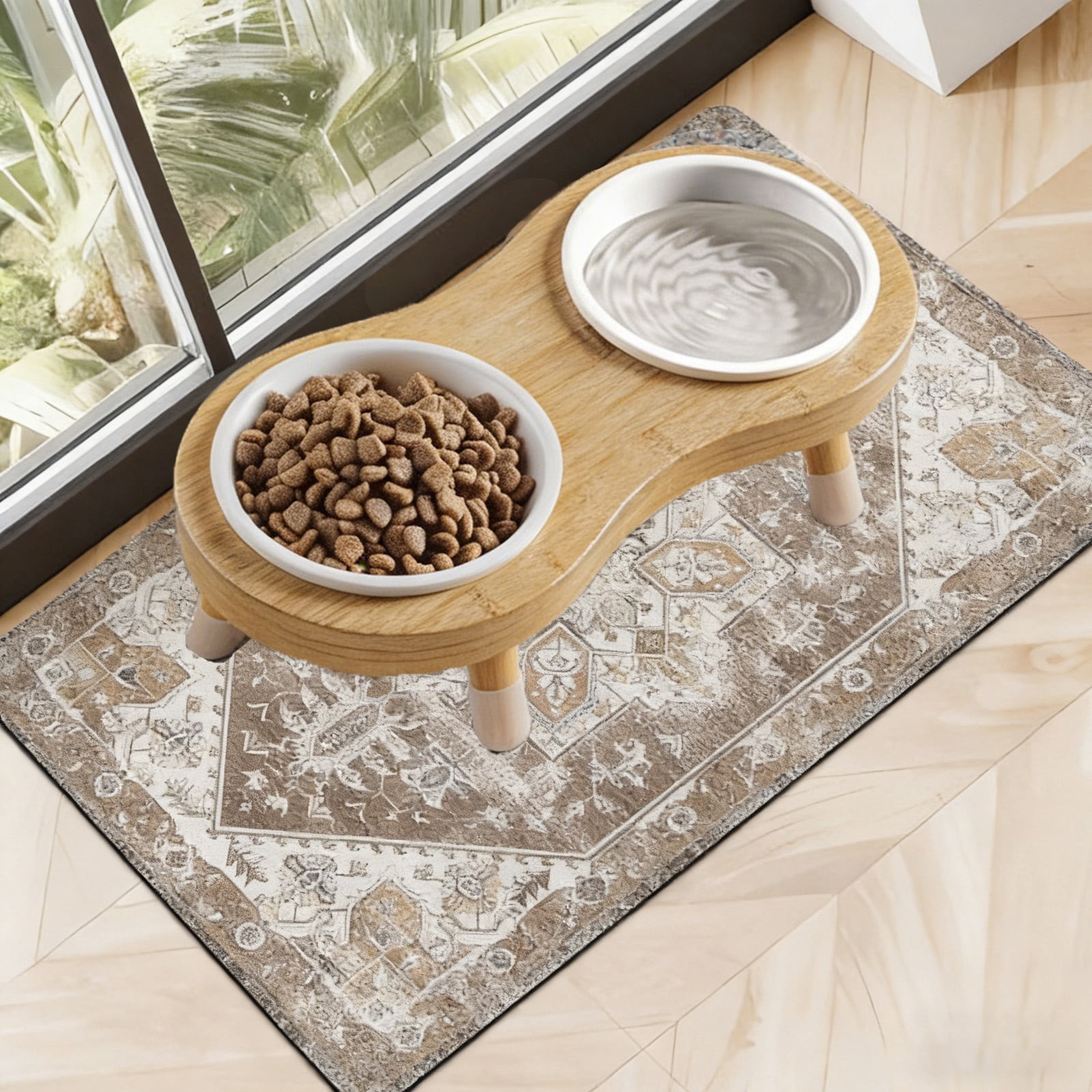 Absorbent Non-Slip Pet Feeding Mat with Elevated Ceramic Cat Bowls, 15° Tilted Bamboo Stand, Quick-Dry Mat for Cats & Small Dogs
