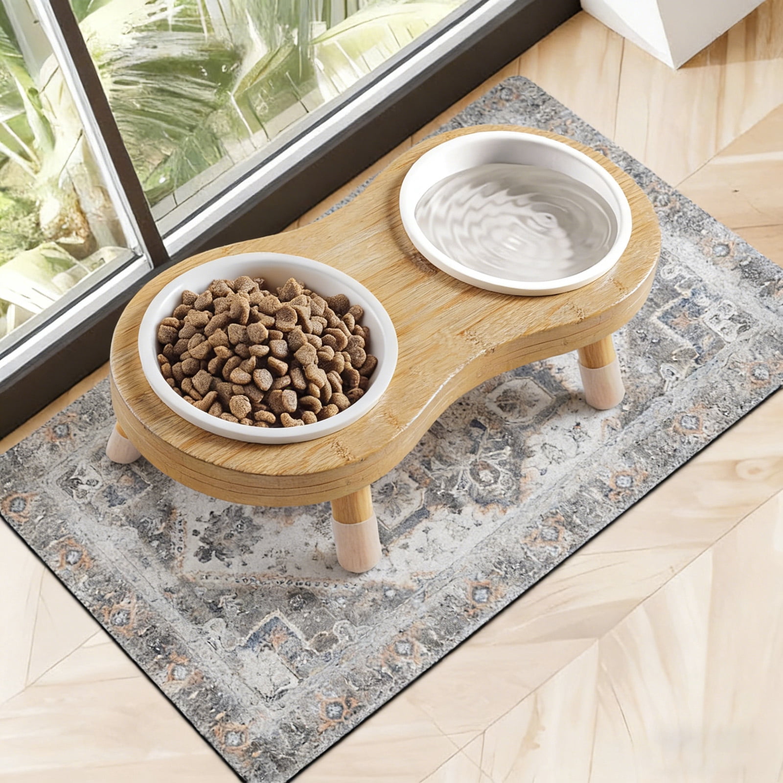 Absorbent Non-Slip Pet Feeding Mat with Elevated Ceramic Cat Bowls, 15° Tilted Bamboo Stand, Quick-Dry Mat for Cats & Small Dogs