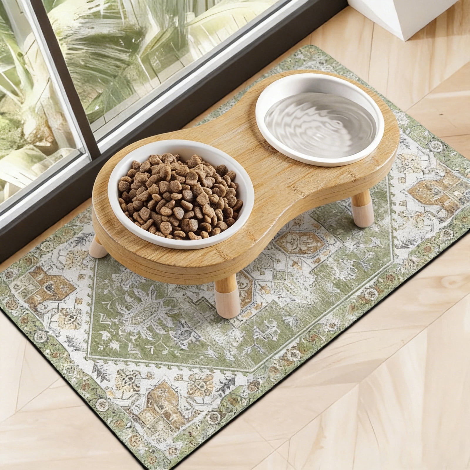 Absorbent Non-Slip Pet Feeding Mat with Elevated Ceramic Cat Bowls, 15° Tilted Bamboo Stand, Quick-Dry Mat for Cats & Small Dogs