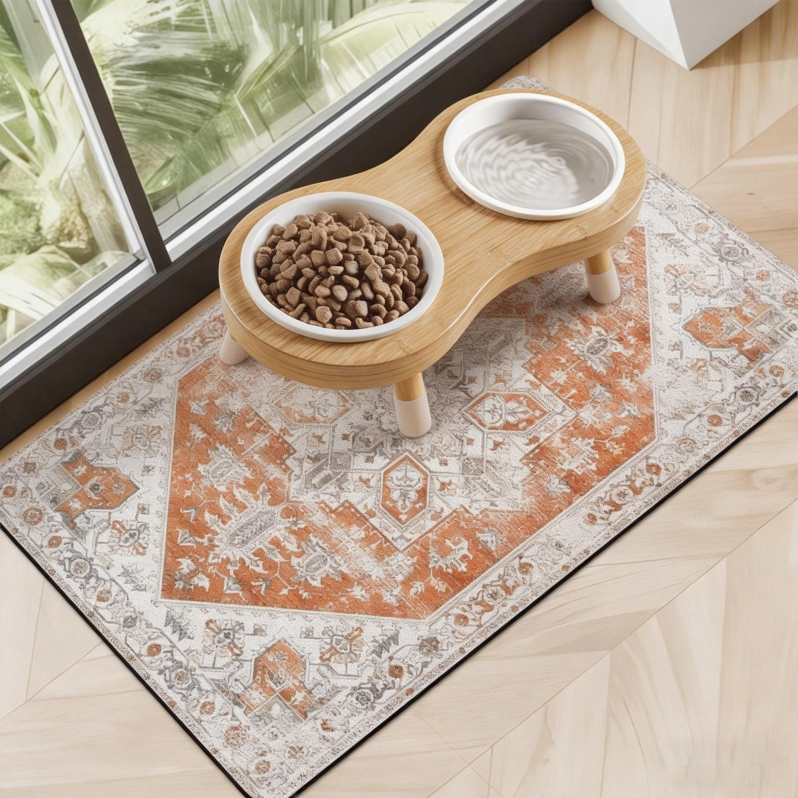 Absorbent Non-Slip Pet Feeding Mat with Elevated Ceramic Cat Bowls, 15° Tilted Bamboo Stand, Quick-Dry Mat for Cats & Small Dogs