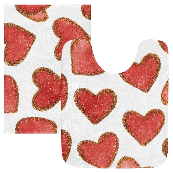 Absorbent Non Slip Ultra Soft Bath Mat And U-Shaped Contour Toilet Mat Hearts