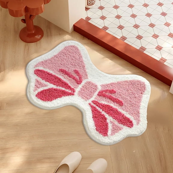 Absorbent Pink Bow Bath Rug, Extra Thick Bathroom Mat, Non-Slip Mat for Girls Bedroom, Machine Washable, Pink Bow