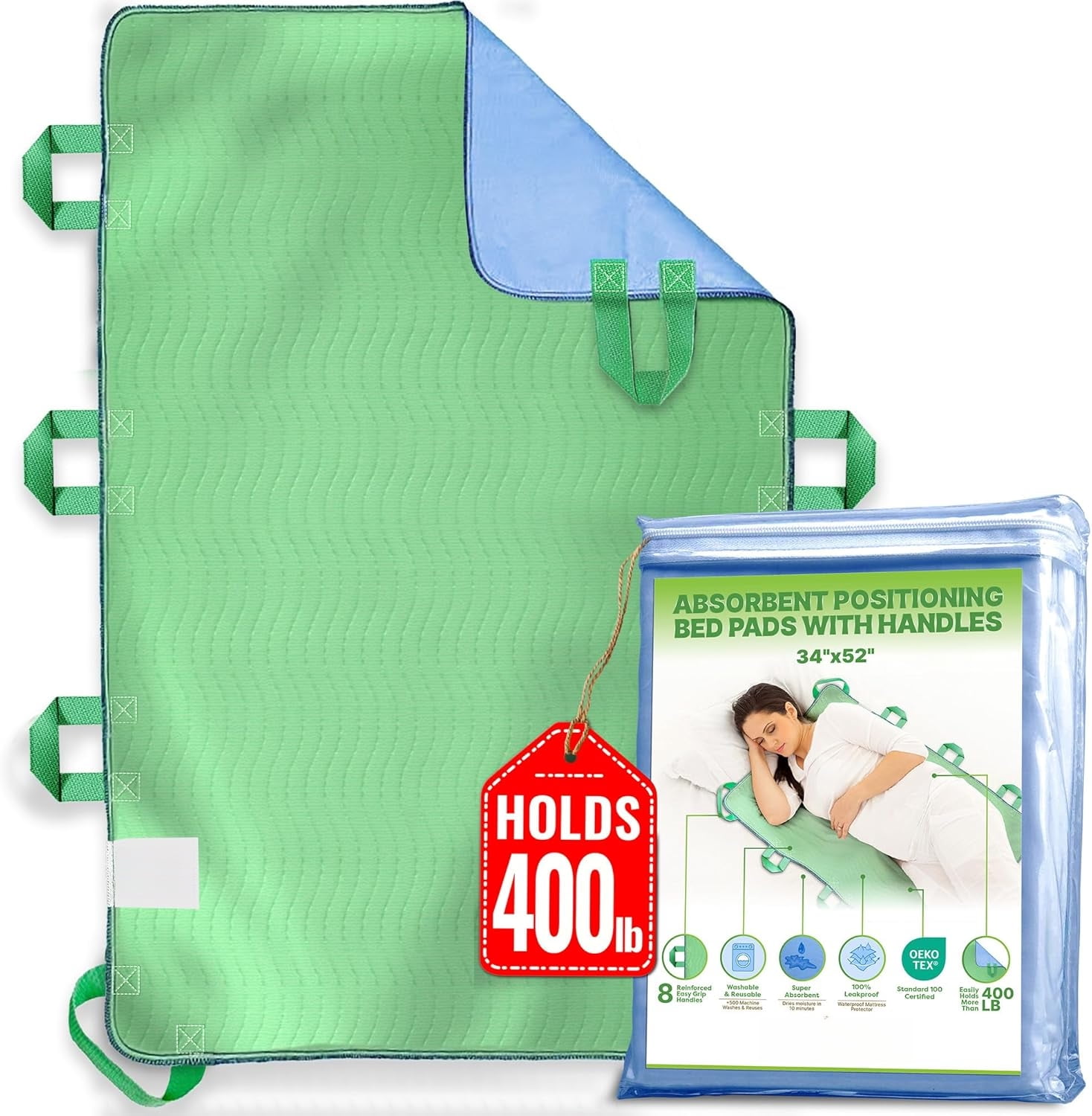 Absorbent Positioning Bed Pad with Handles 34" X 52"- Washable, Waterproof Incontinence Bed Pads - Reusable Bed Mobility Under Pads to Aid Seniors, Disabled & Bedridden Patients - Fast-Drying