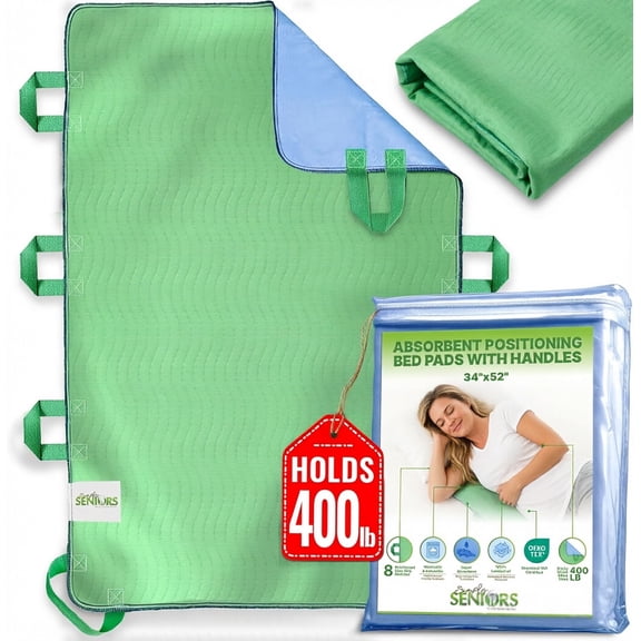 Absorbent Positioning Bed Pads for Elderly with 8 Handles 34"x52"Washable Waterproof Incontinence Draw Sheets - Reusable Bed Mobility Under Pads for Seniors Disabled & Bedridden Patients