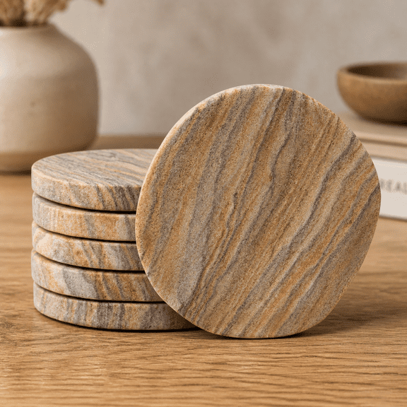 Absorbent Sandstone Coasters Set of 6, 4 Inch Round Irregular Edge