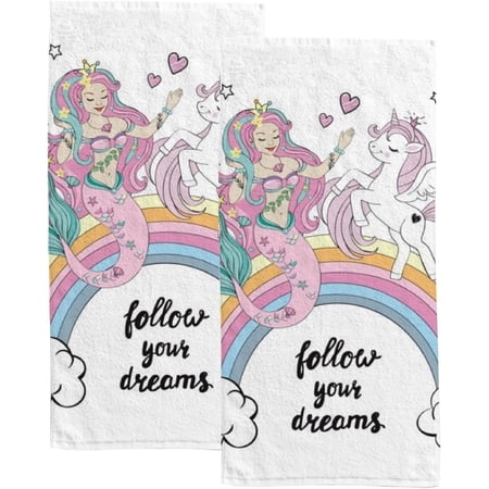 Absorbent Soft Hand Fingertip Towels 2 Pcs Face Bath Towels Set Beautiful Unicorn and Mermaid Washcloths for Bathroom Hotel Kitchen 30x15in
