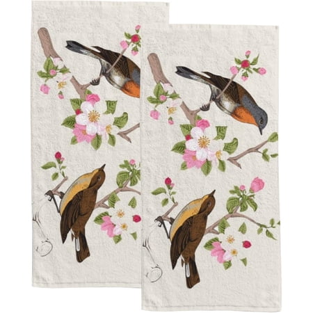 Absorbent Soft Hand Fingertip Towels 2 Pcs Face Bath Towels Set Birds Flower Branch on Light Beige Washcloths for Bathroom Hotel Kitchen 30x15in