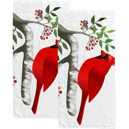 Absorbent Soft Hand Fingertip Towels 2 Pcs Face Bath Towels Set Cardinal Bird on Branches with Berries Washcloths for Bathroom Hotel Kitchen 30x15in