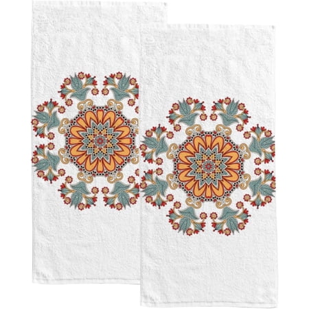 Absorbent Soft Hand Fingertip Towels 2 Pcs Face Bath Towels Set Circle Flower Ornament Washcloths for Bathroom Hotel Kitchen 30x15in